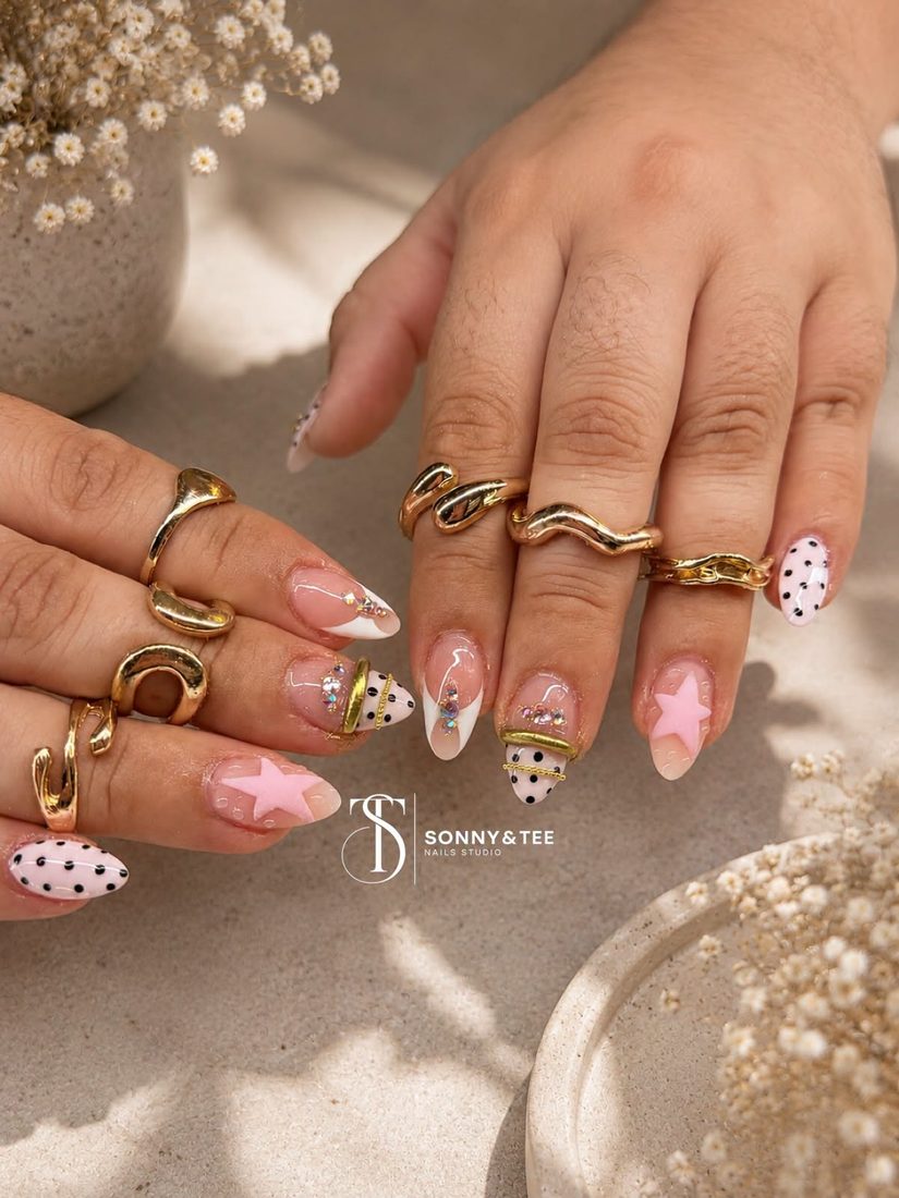 pink and white nail art and 3D nails, almond shape — nail salon in Rome, GA — Sonny & Tee