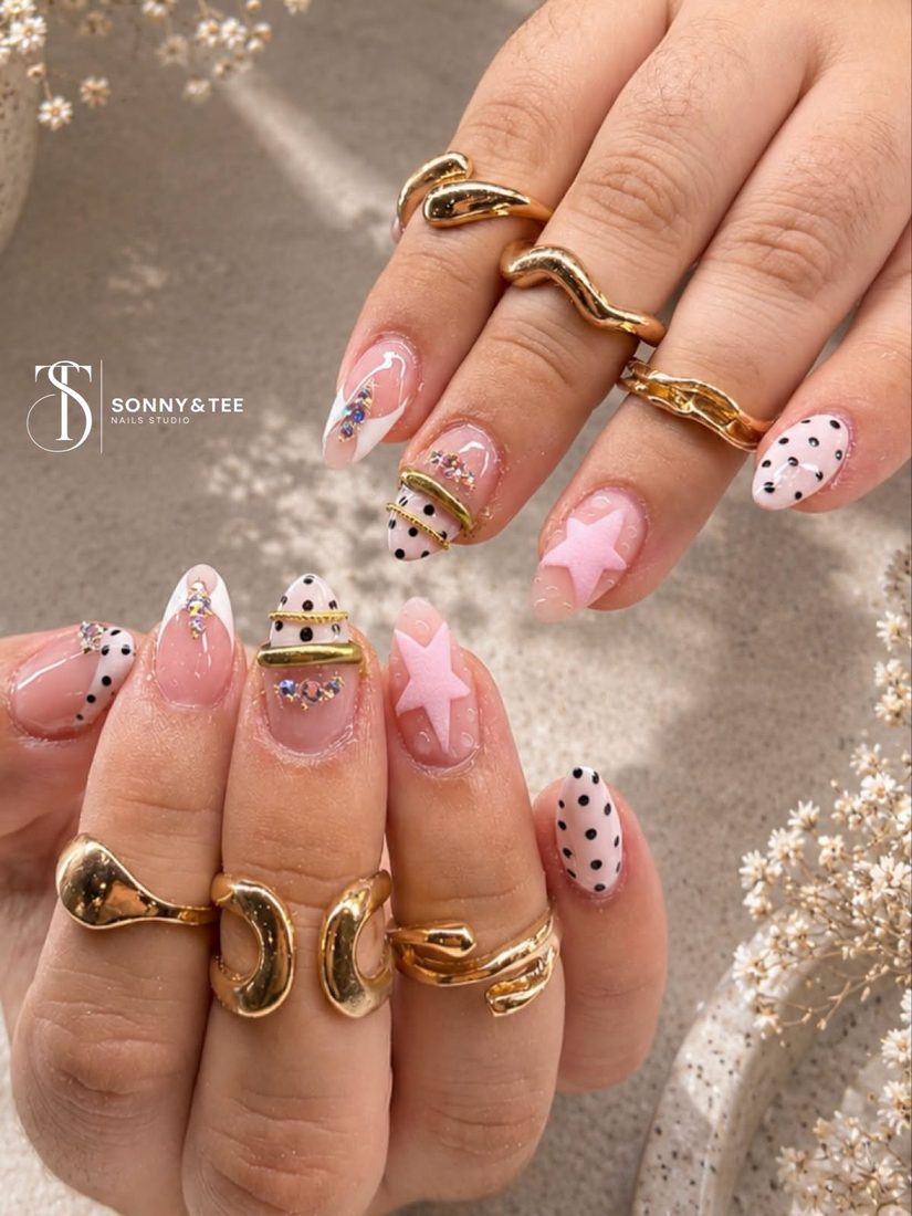 pink and white nail art and 3D nails, almond shape — nail salon in Rome, GA — Sonny & Tee