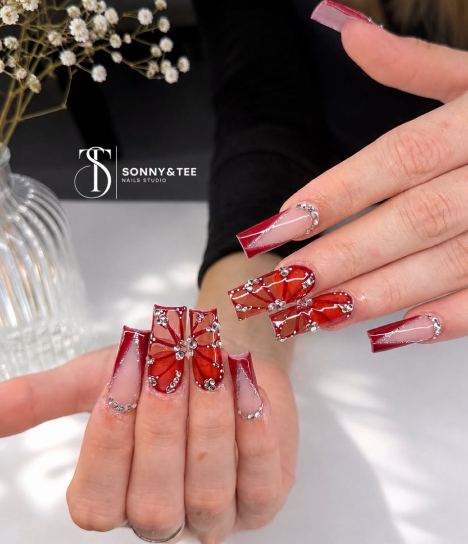 red and white 3D, glitter and nail art nails, coffin shape — nail salon in Rome, GA — Sonny & Tee