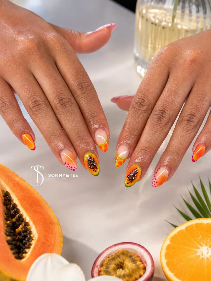 gold and pink nail art nails, almond shape — nail salon in Rome, GA — Sonny & Tee