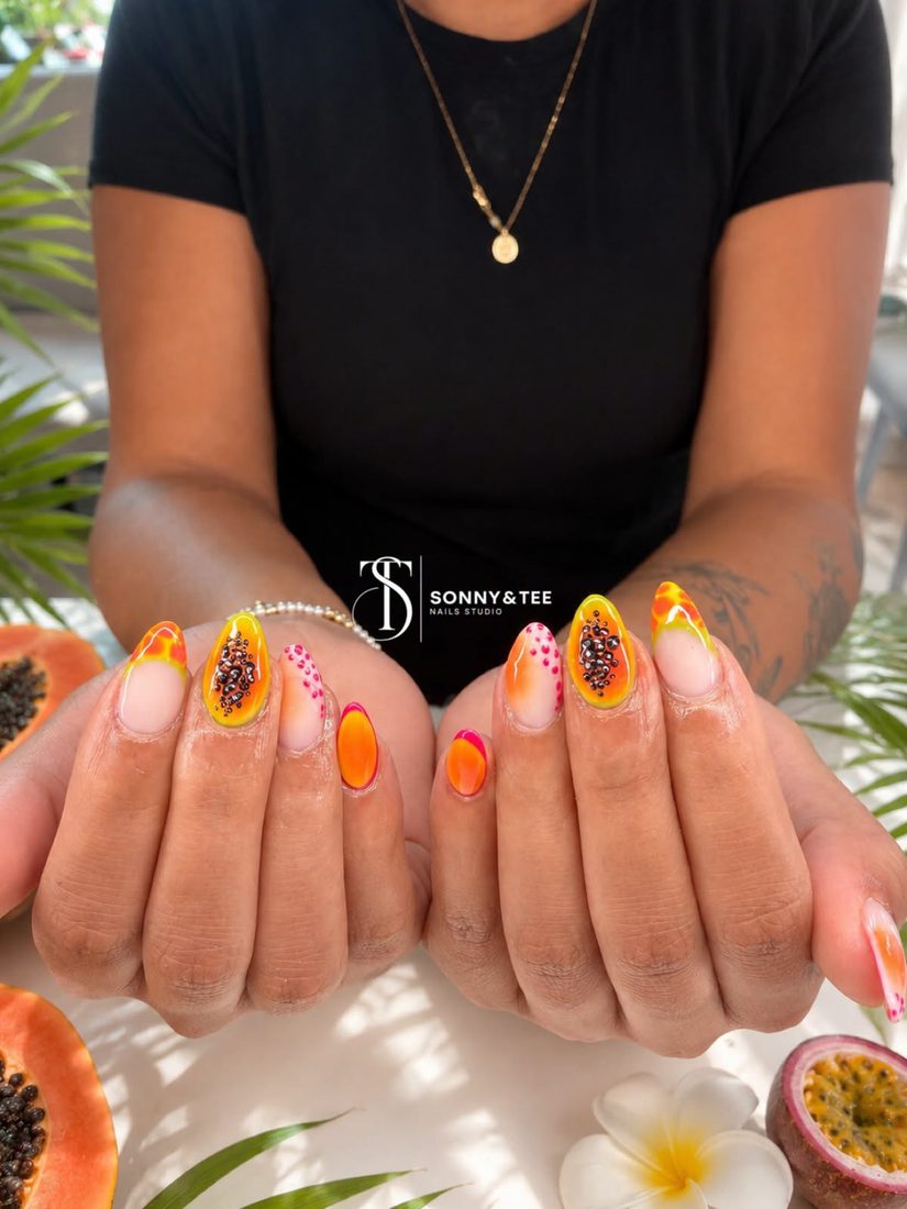 gold and pink nail art nails, almond shape — nail salon in Rome, GA — Sonny & Tee