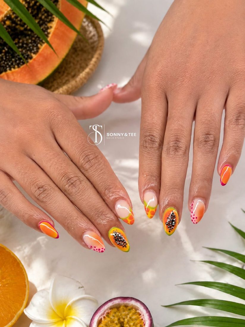 gold and pink nail art nails, almond shape — nail salon in Rome, GA — Sonny & Tee