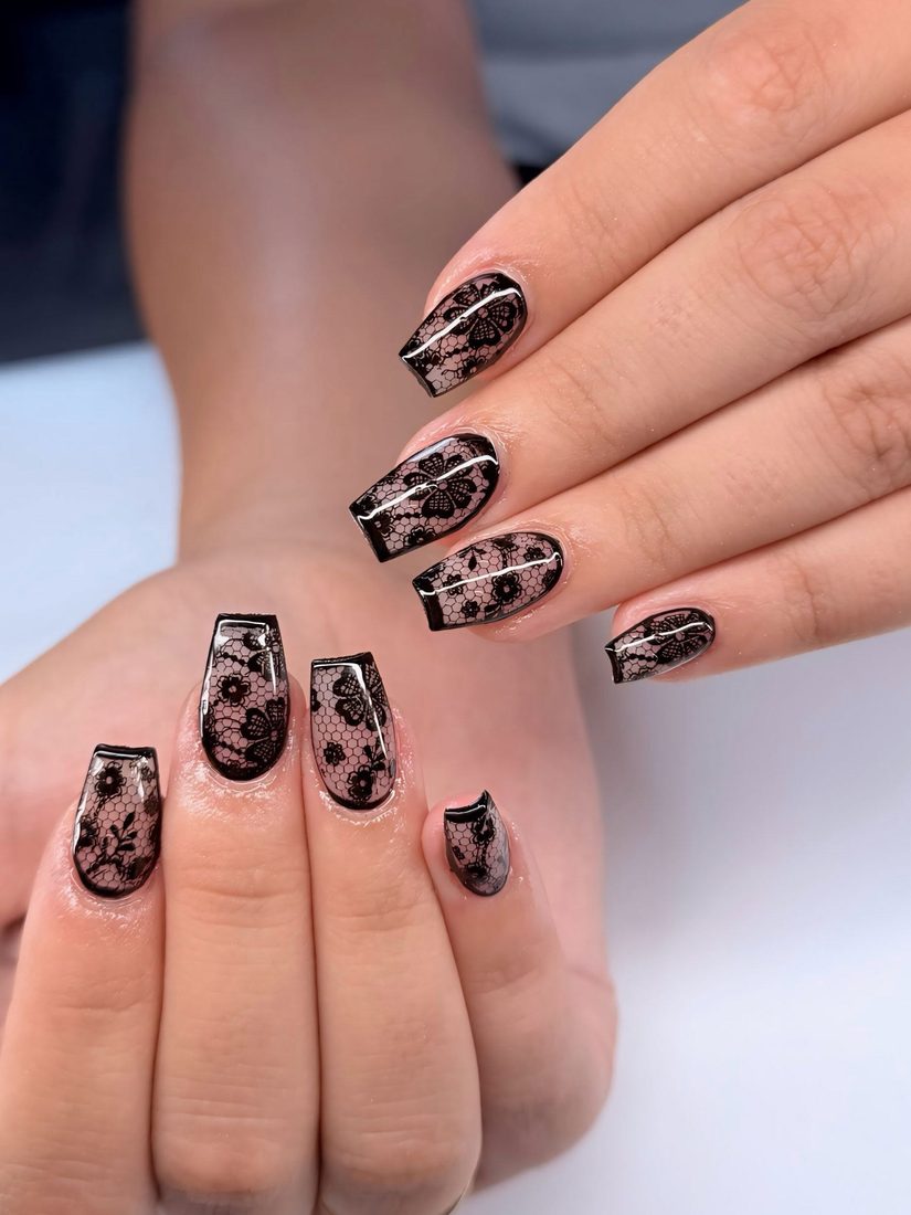 black and nude nail art nails, coffin shape — nail salon in Rome, GA — Sonny & Tee