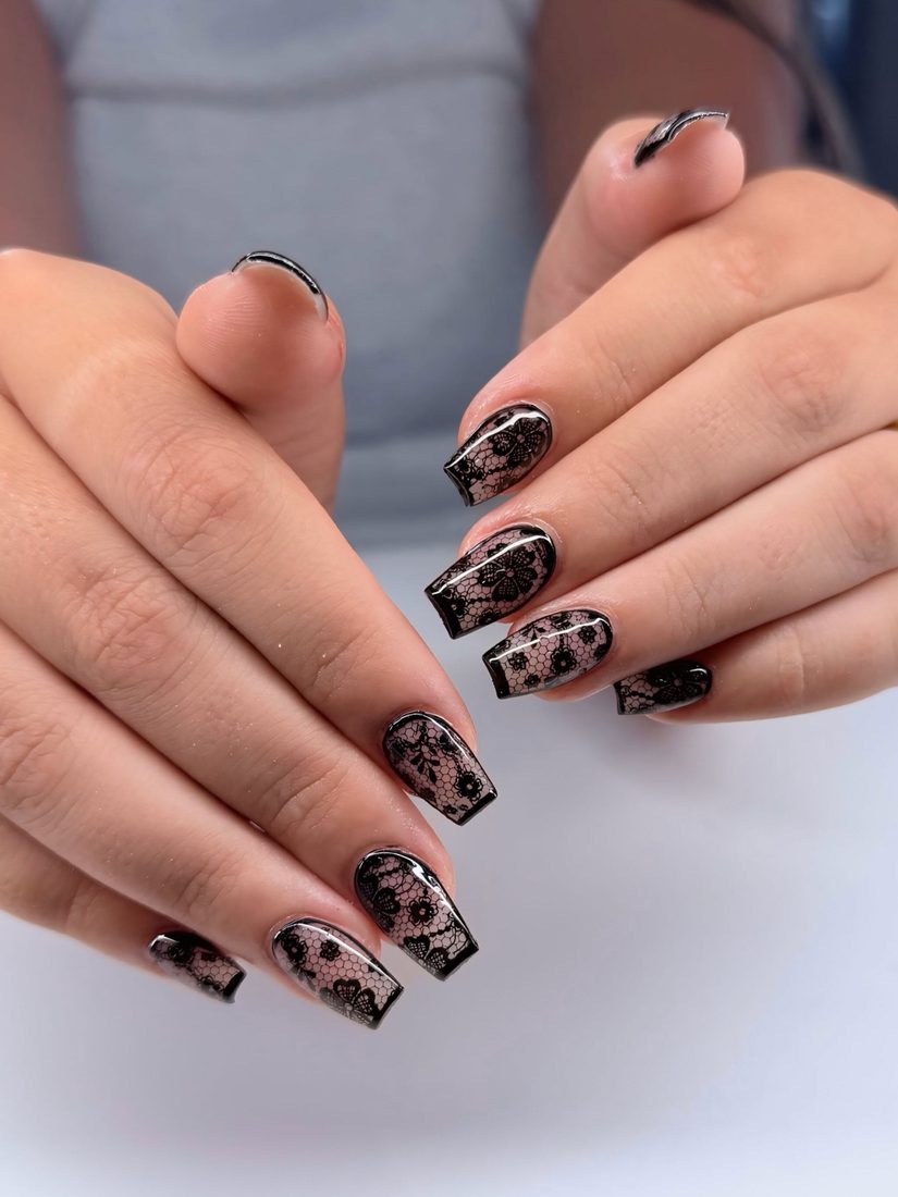 black and nude nail art nails, coffin shape — nail salon in Rome, GA — Sonny & Tee