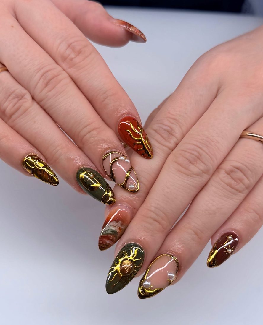 green and gold nail art and chrome nails, almond shape — nail salon in Rome, GA — Sonny & Tee