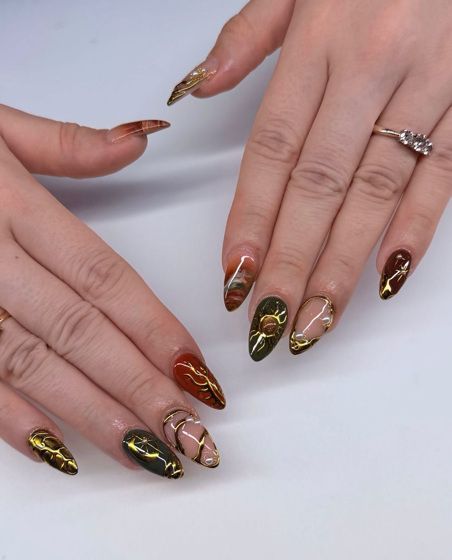 green and gold nail art and chrome nails, almond shape — nail salon in Rome, GA — Sonny & Tee