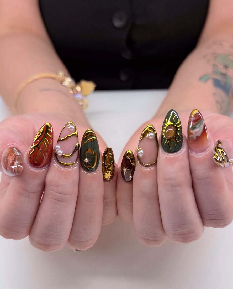 green and gold nail art and 3D nails, almond shape — nail salon in Rome, GA — Sonny & Tee