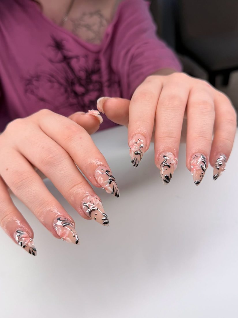 black and white nail art nails, stiletto shape — nail salon in Rome, GA — Sonny & Tee
