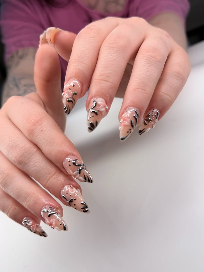 black and white nail art nails, stiletto shape — nail salon in Rome, GA — Sonny & Tee