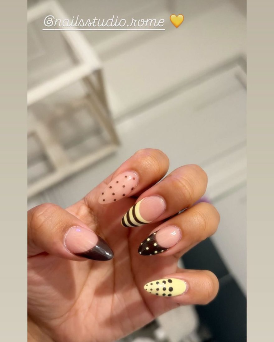 nude and black nail art and french nails, almond shape — nail salon in Rome, GA — Sonny & Tee