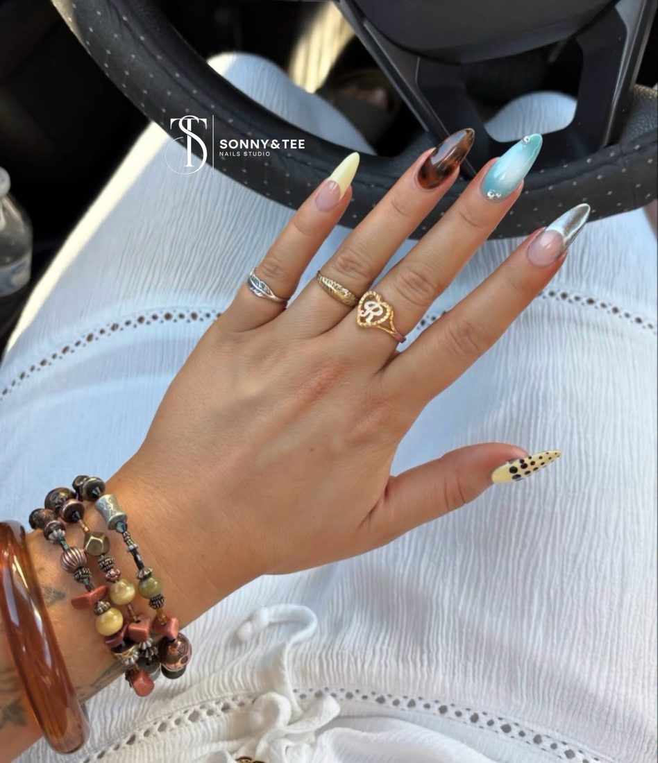 blue and nude nail art nails, almond shape — nail salon in Rome, GA — Sonny & Tee