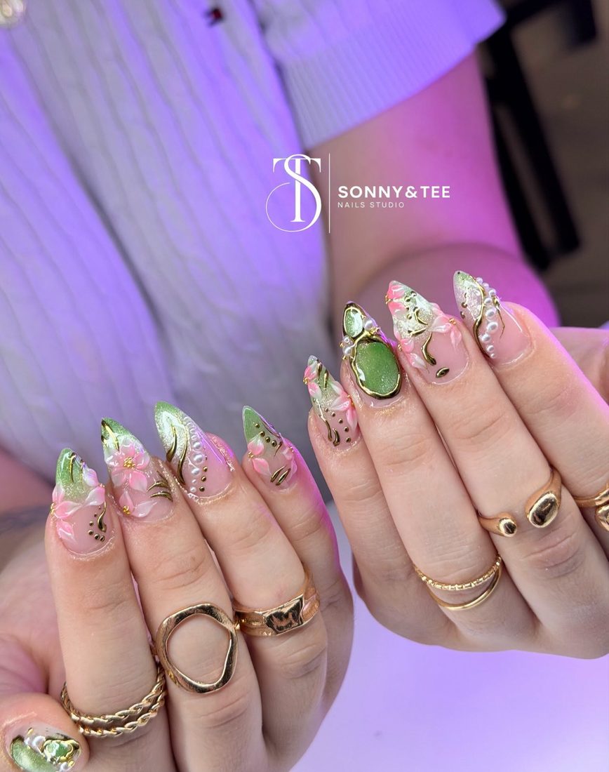 green and gold 3D and nail art nails, stiletto shape — nail salon in Rome, GA — Sonny & Tee