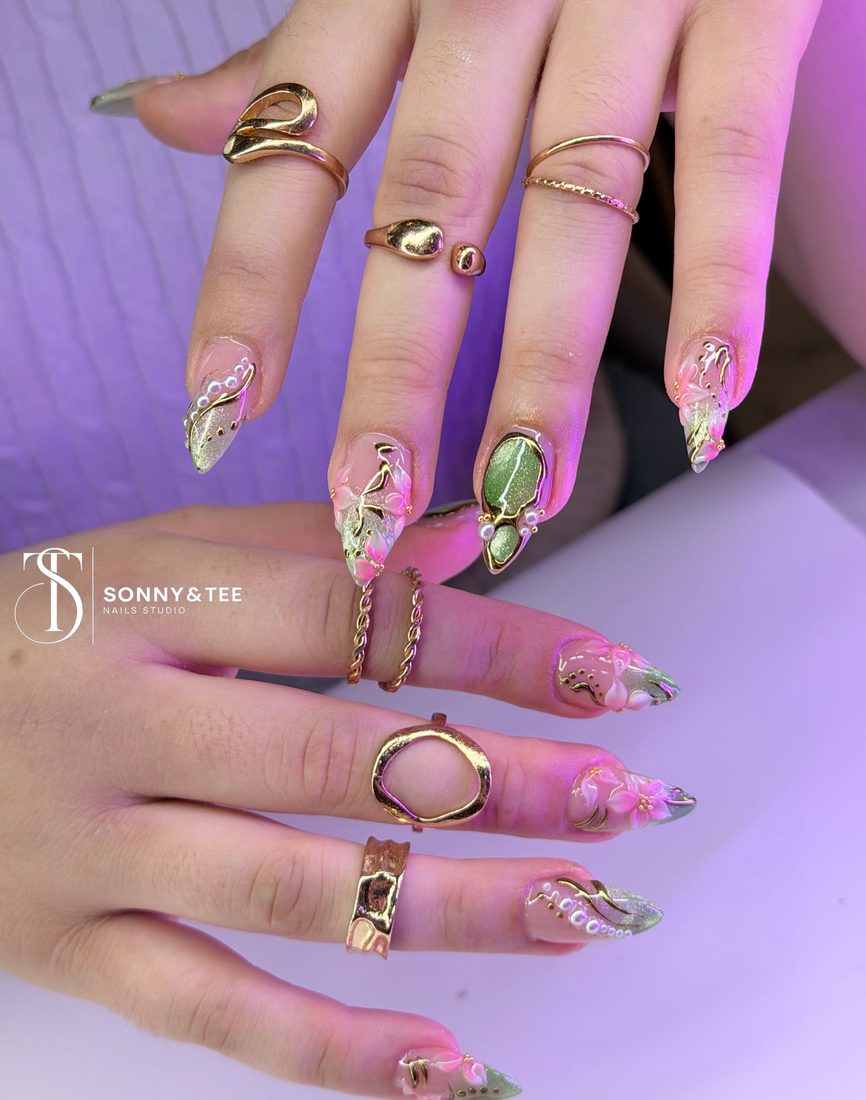 green and gold 3D and nail art nails, stiletto shape — nail salon in Rome, GA — Sonny & Tee