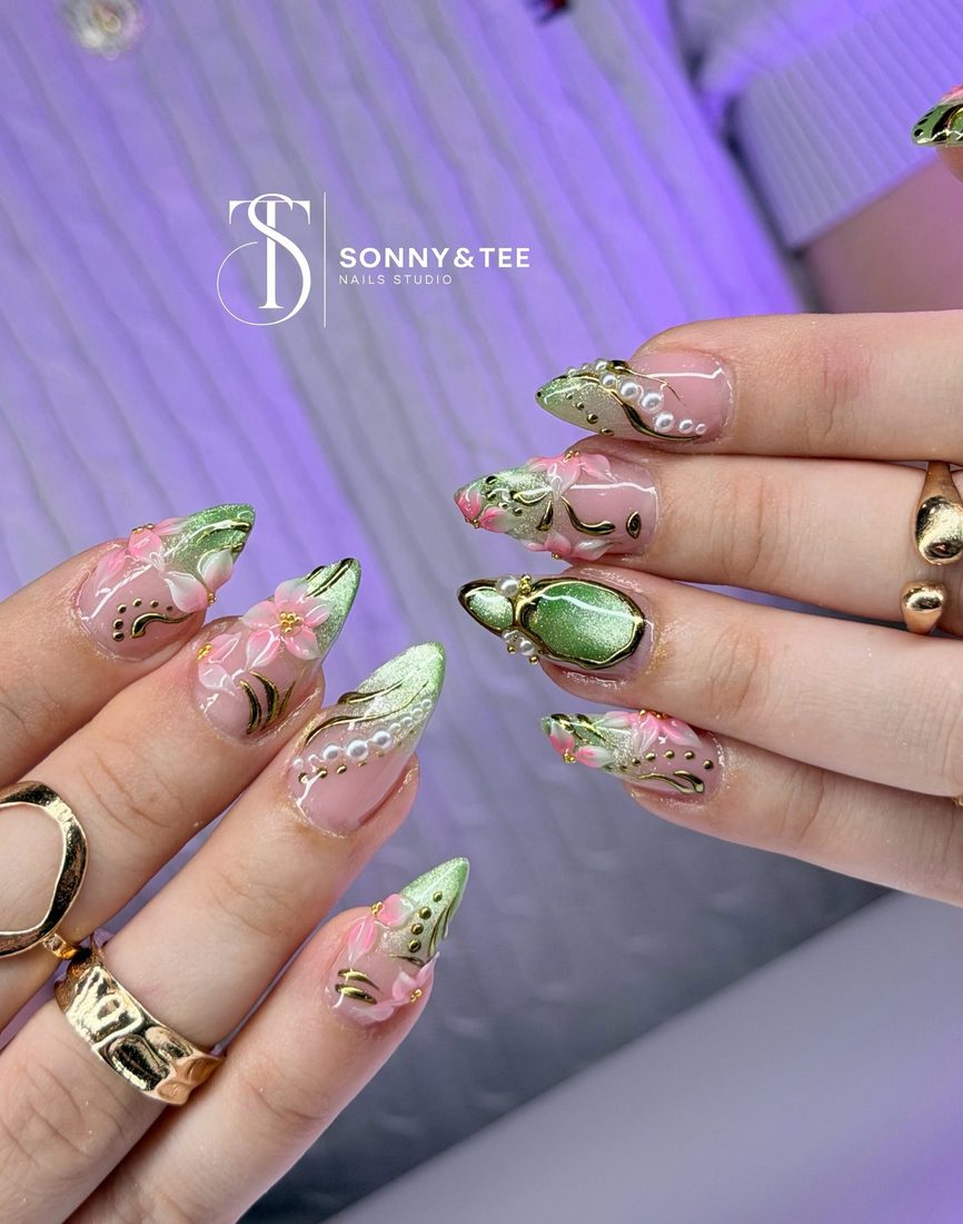 green and gold 3D and nail art nails, stiletto shape — nail salon in Rome, GA — Sonny & Tee