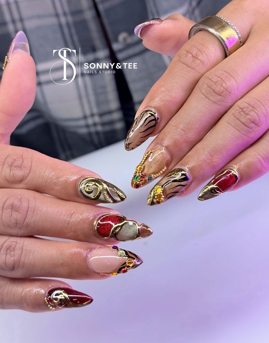 red and gold 3D and nail art nails, stiletto shape — nail salon in Rome, GA — Sonny & Tee