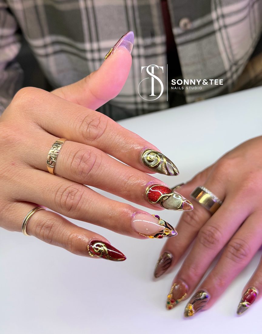 red and gold 3D and nail art nails, stiletto shape — nail salon in Rome, GA — Sonny & Tee