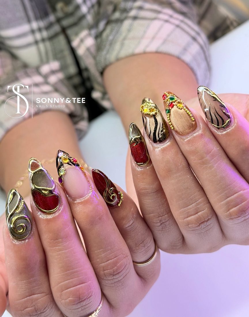 red and gold 3D and nail art nails, stiletto shape — nail salon in Rome, GA — Sonny & Tee