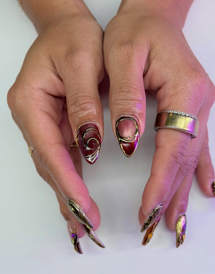 red and gold 3D, nail art and chrome nails, stiletto shape — nail salon in Rome, GA — Sonny & Tee
