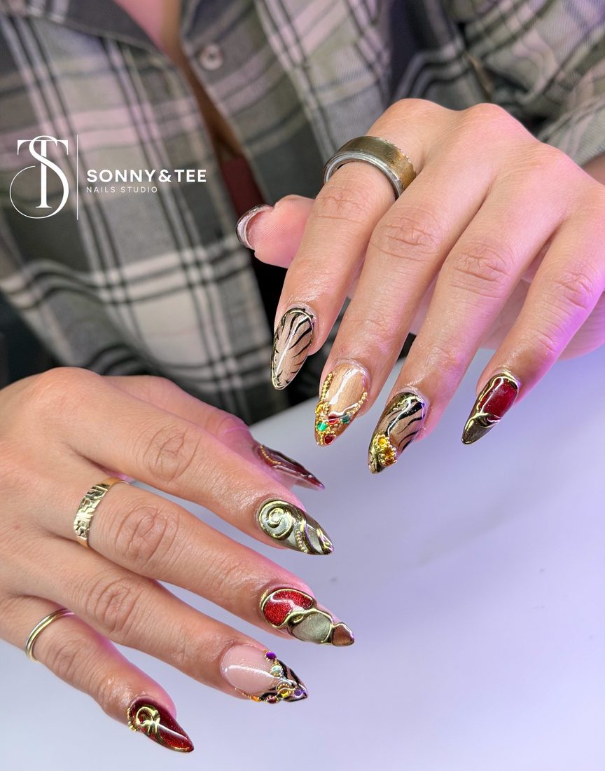 red and gold 3D, nail art and chrome nails, stiletto shape — nail salon in Rome, GA — Sonny & Tee