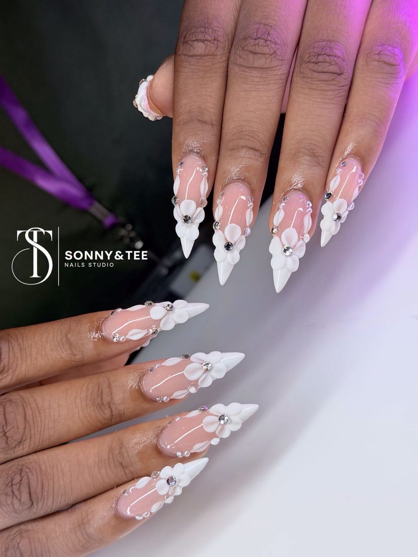 white and nude 3D and nail art nails, stiletto shape — nail salon in Rome, GA — Sonny & Tee