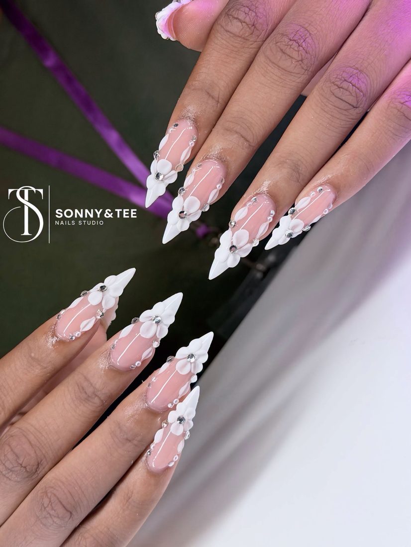 white and nude 3D and nail art nails, stiletto shape — nail salon in Rome, GA — Sonny & Tee
