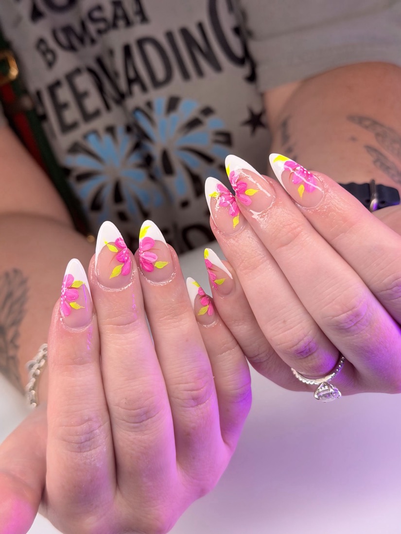 white and pink french and nail art nails, almond shape — nail salon in Rome, GA — Sonny & Tee