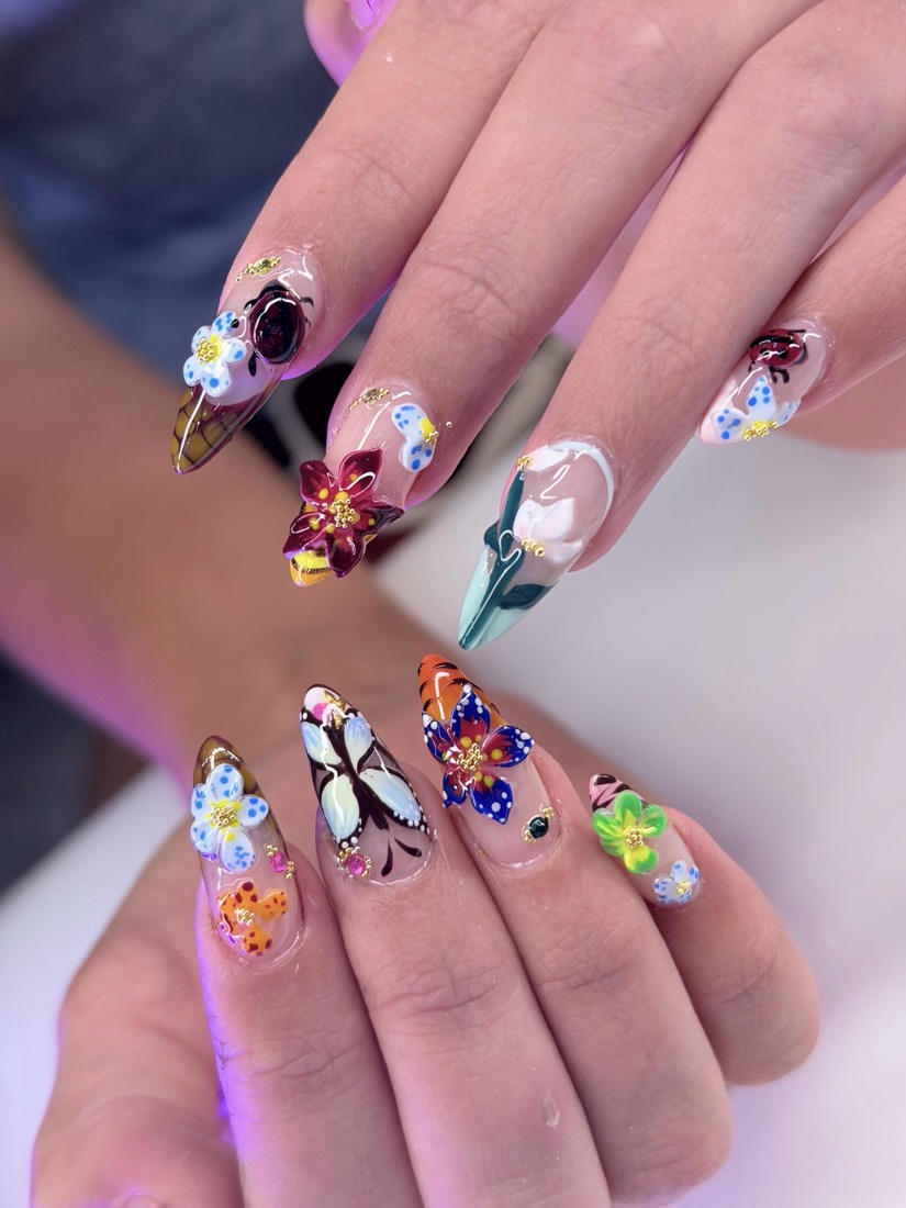 nude and pink 3D nails, almond shape — nail salon in Rome, GA — Sonny & Tee