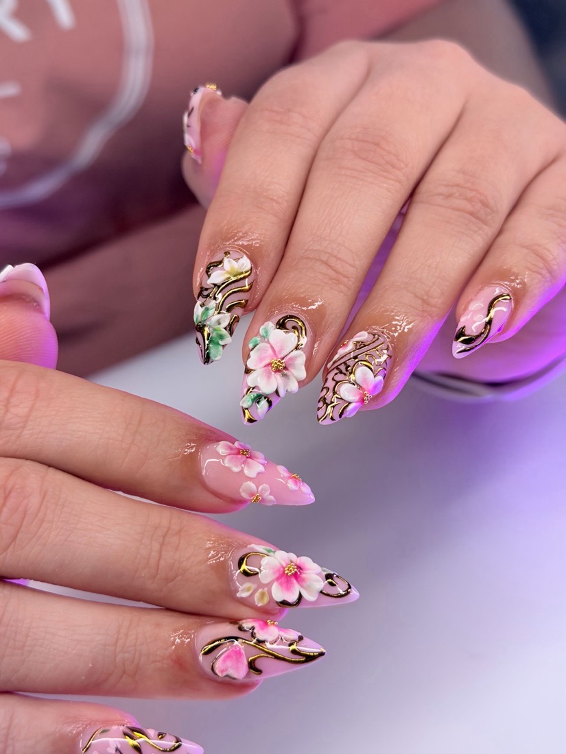 pink and gold 3D nails, stiletto shape — nail salon in Rome, GA — Sonny & Tee