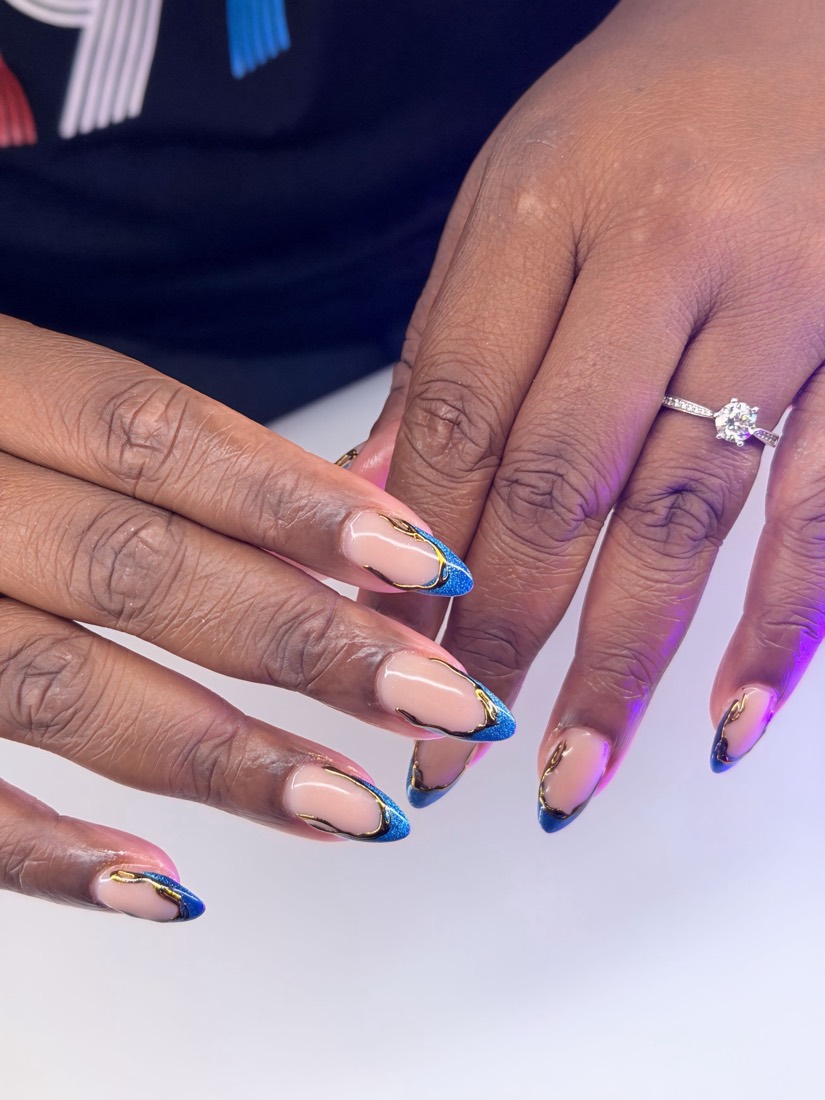 nude and blue french nails, almond shape — nail salon in Rome, GA — Sonny & Tee