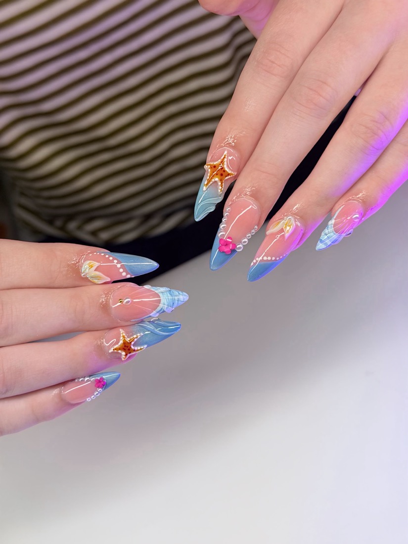 blue and nude 3D nails, stiletto shape — nail salon in Rome, GA — Sonny & Tee