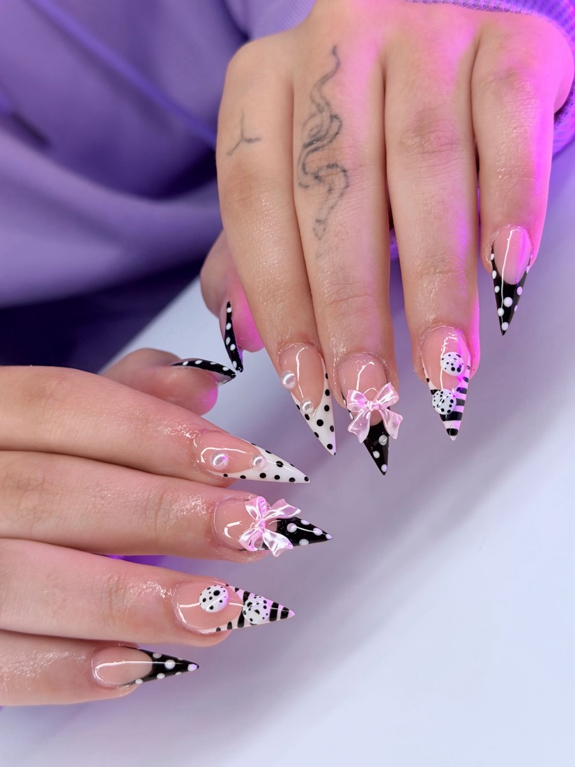 black and white 3D nails, stiletto shape — nail salon in Rome, GA — Sonny & Tee