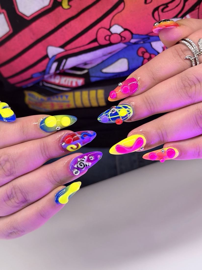 pink and blue nail art and 3D nails, almond shape — nail salon in Rome, GA — Sonny & Tee