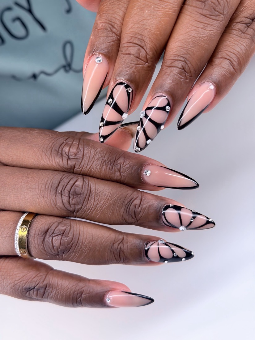 nude and black nail art nails, stiletto shape — nail salon in Rome, GA — Sonny & Tee