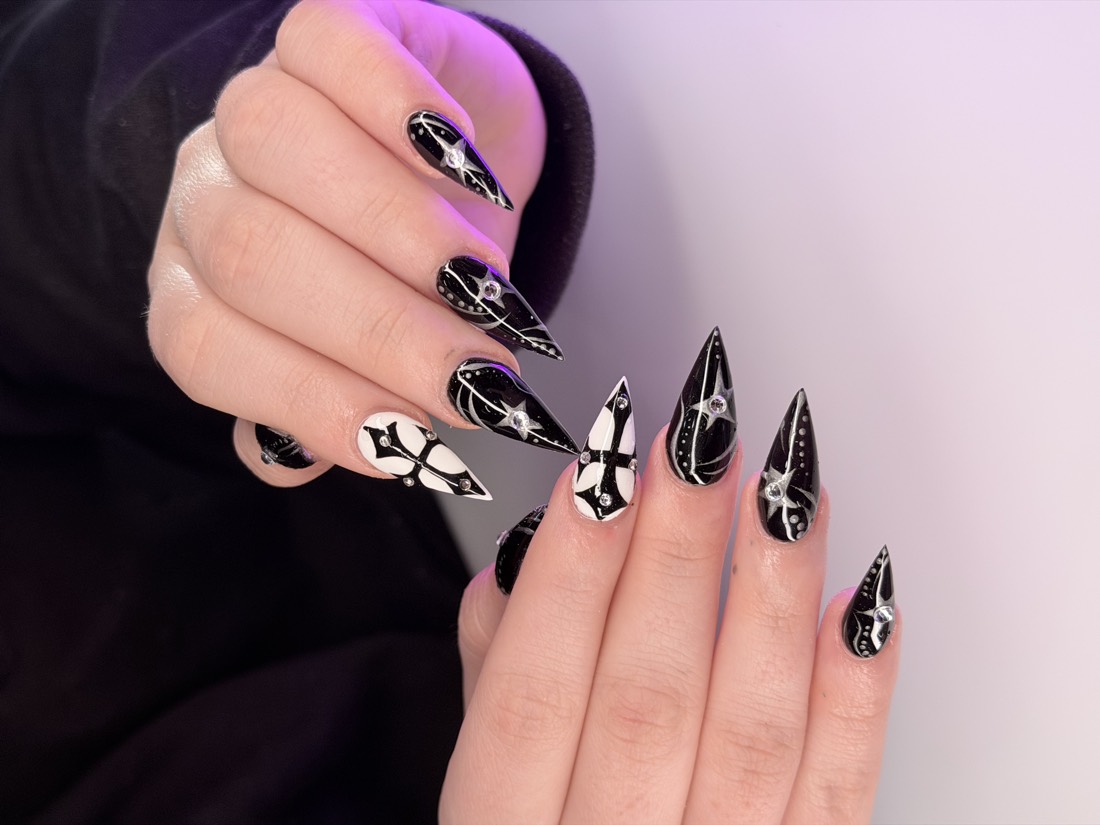 black and white nail art nails, stiletto shape — nail salon in Rome, GA — Sonny & Tee