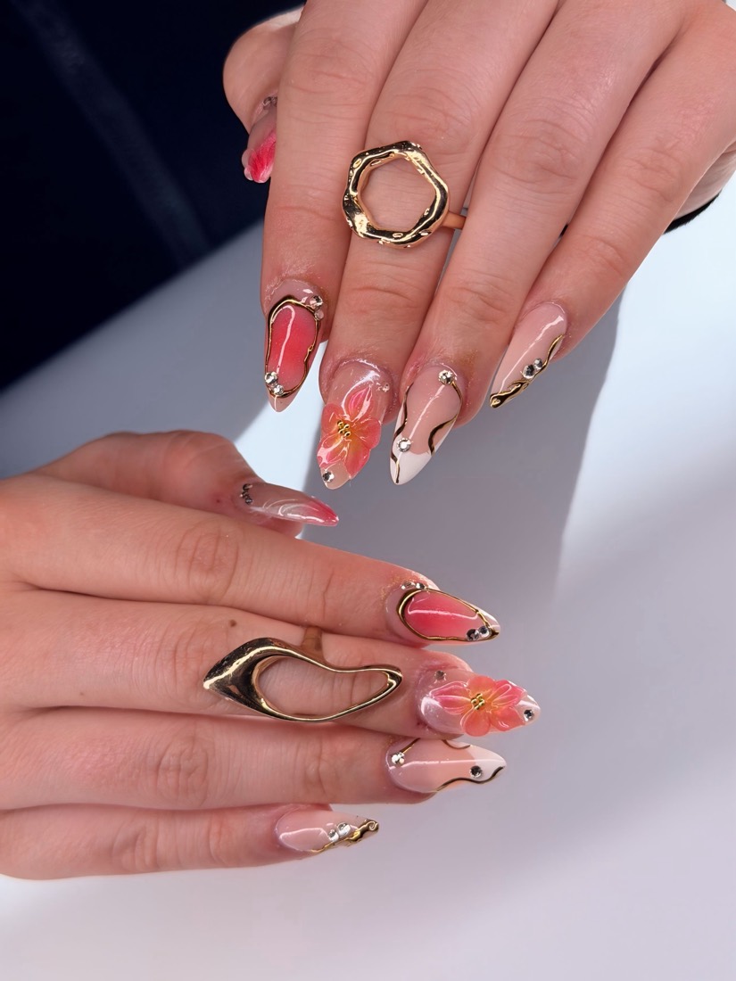 nude and pink nail art and 3D nails, almond shape — nail salon in Rome, GA — Sonny & Tee