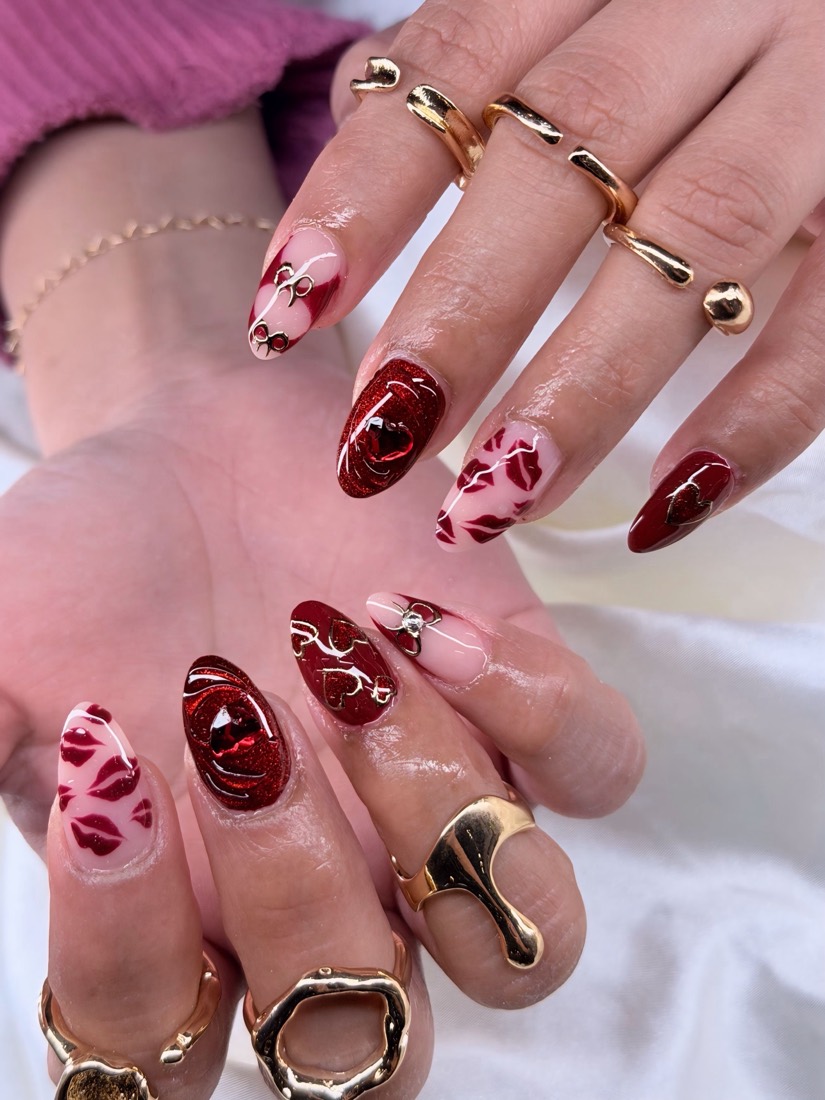 red and pink nail art and 3D nails, almond shape — nail salon in Rome, GA — Sonny & Tee