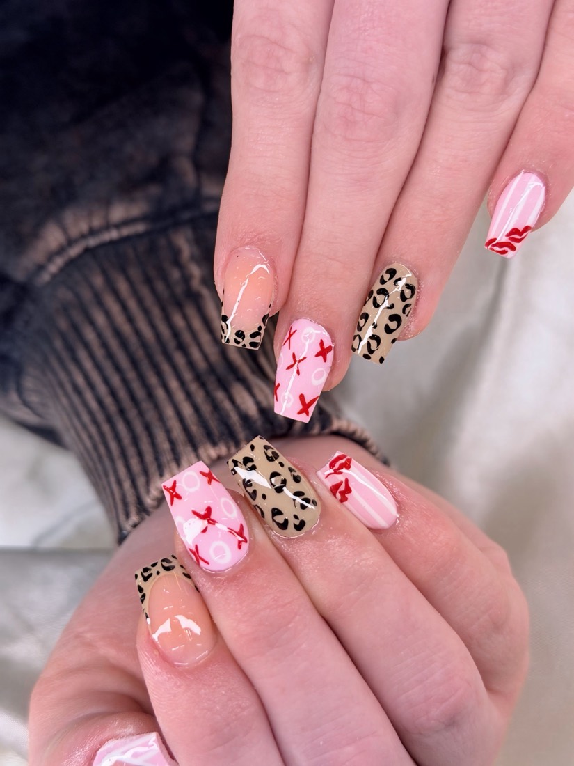 pink and nude nail art nails, square shape — nail salon in Rome, GA — Sonny & Tee