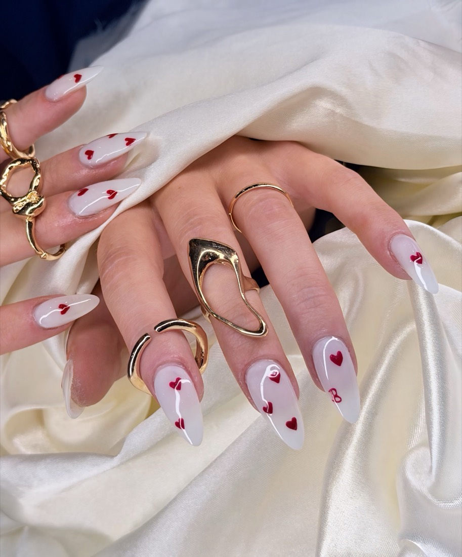 white and red minimal and nail art nails, almond shape — nail salon in Rome, GA — Sonny & Tee