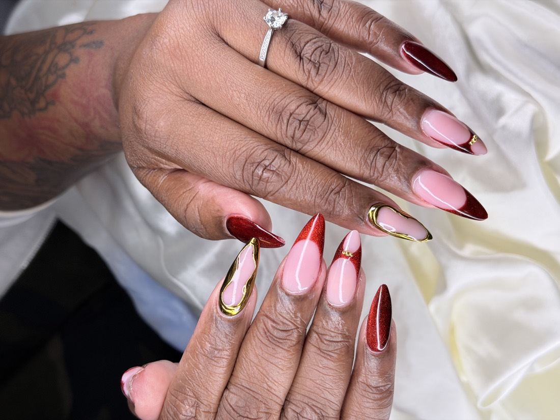 red and pink chrome and 3D nails, almond shape — nail salon in Rome, GA — Sonny & Tee