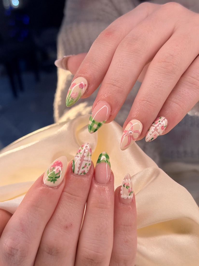 nude and pink nail art nails, almond shape — nail salon in Rome, GA — Sonny & Tee