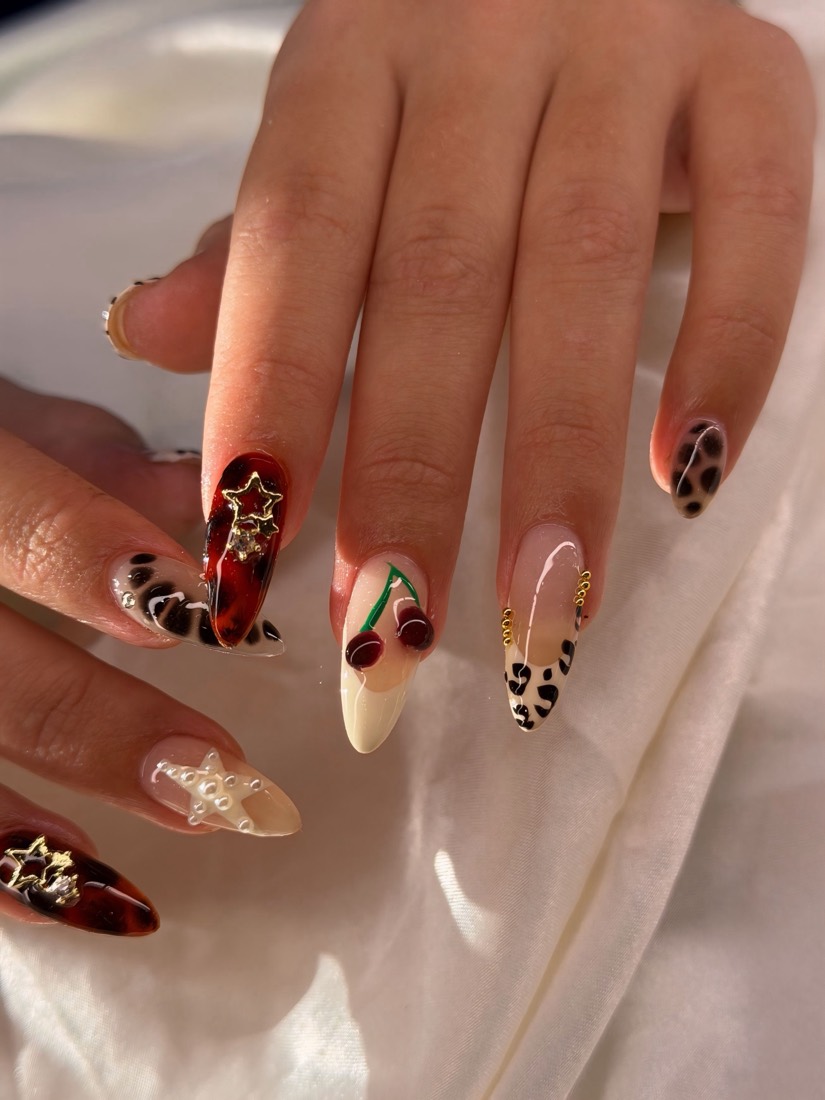 nude and red 3D and nail art nails, almond shape — nail salon in Rome, GA — Sonny & Tee