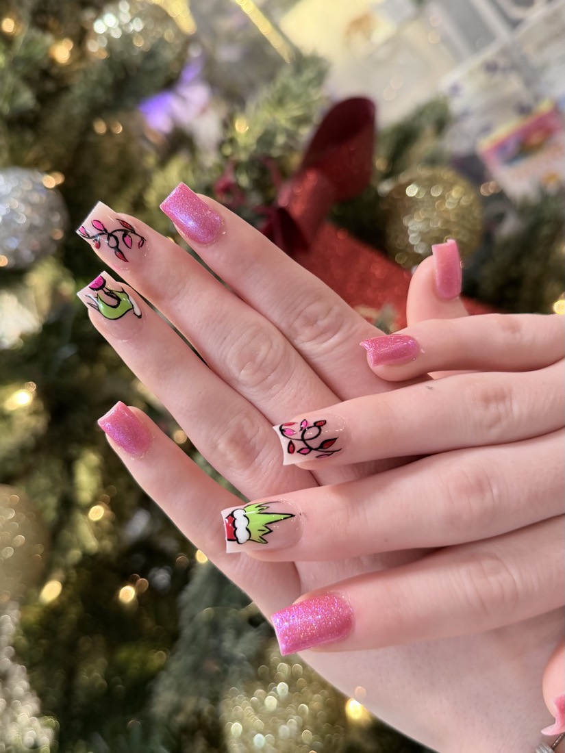 pink and green nail art and glitter nails, square shape — nail salon in Rome, GA — Sonny & Tee