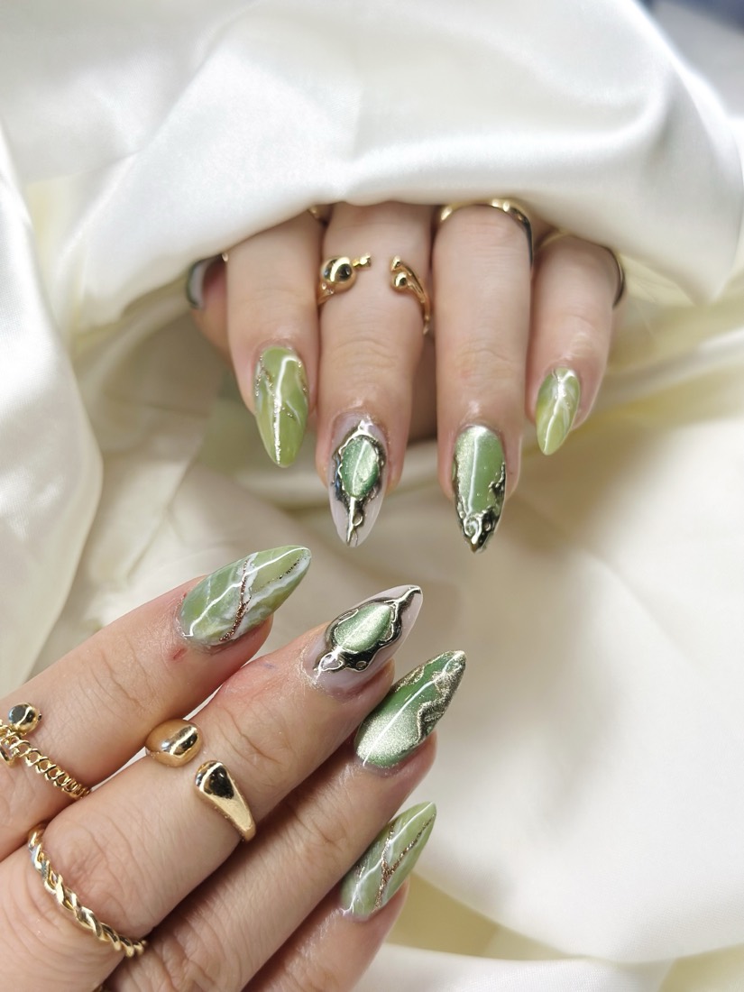 green and gold chrome and nail art nails, stiletto shape — nail salon in Rome, GA — Sonny & Tee