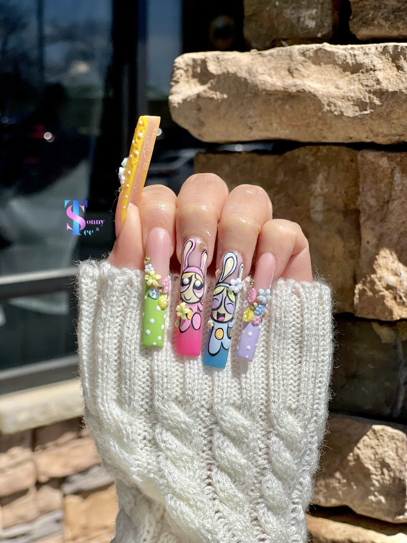 pink and green nail art and 3D nails, square shape — nail salon in Rome, GA — Sonny & Tee