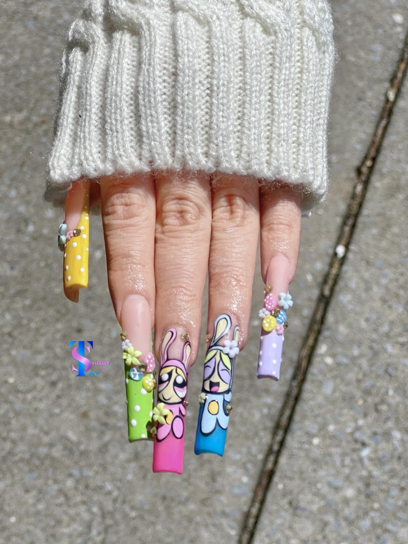 pink and green nail art and 3D nails, square shape — nail salon in Rome, GA — Sonny & Tee